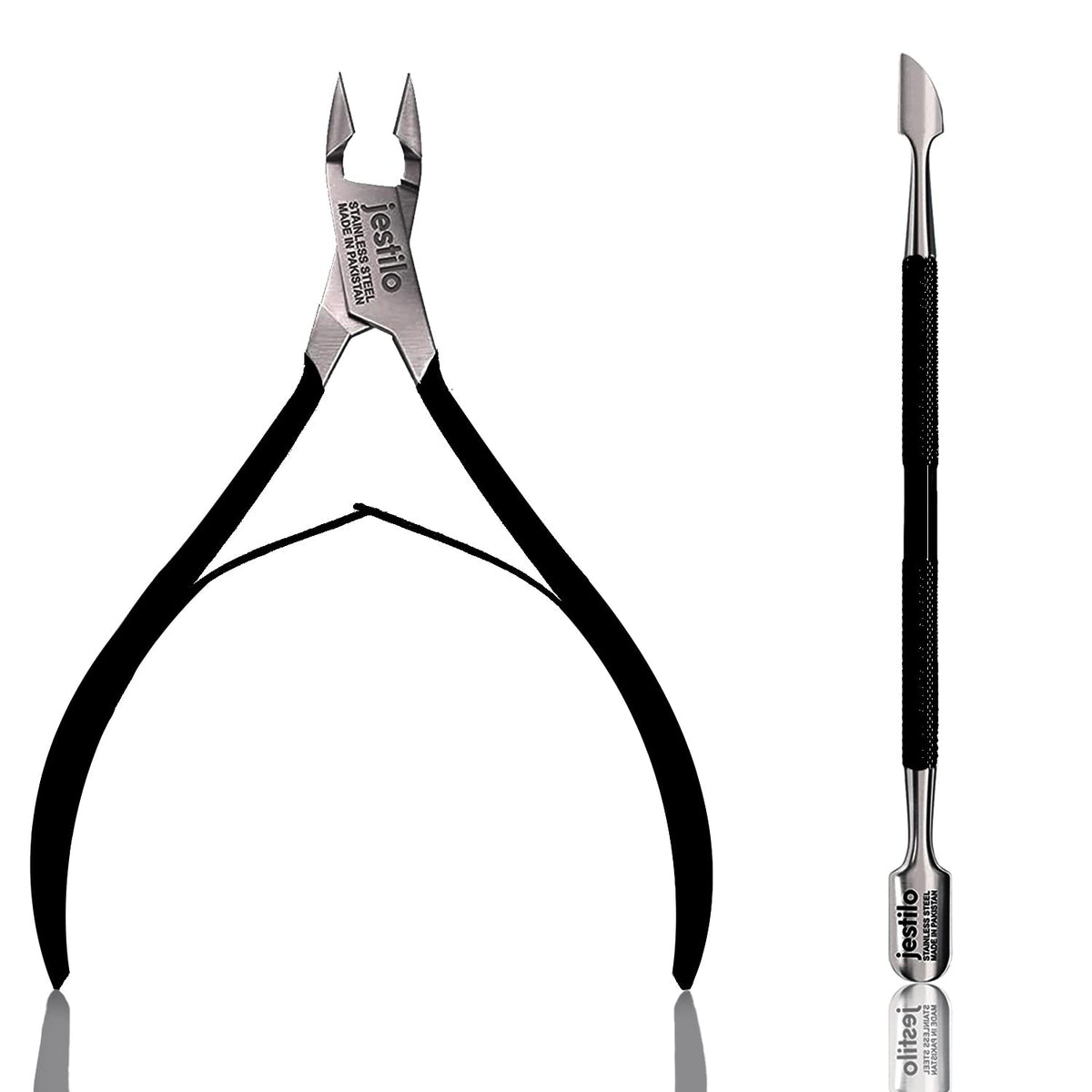 Jestilo Cuticle Remover Tool Set with Cuticle Cutter and Cuticle Pusher - Stainless Steel Professional Cuticle Nipper and Pusher Nail Care Tools for Salon and Level Mani-Pedi at Home - Silver (Black)