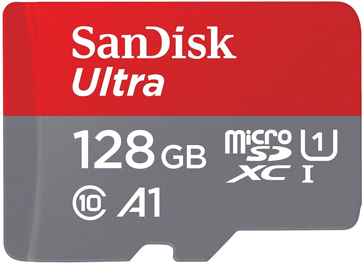 SanDisk Ultra microSDXC UHS-I memory card 128 GB and adapter (A1, Class 10, U1, Full HD videos, up to 120 MB/s read speed)   Speed-Mbps/10x