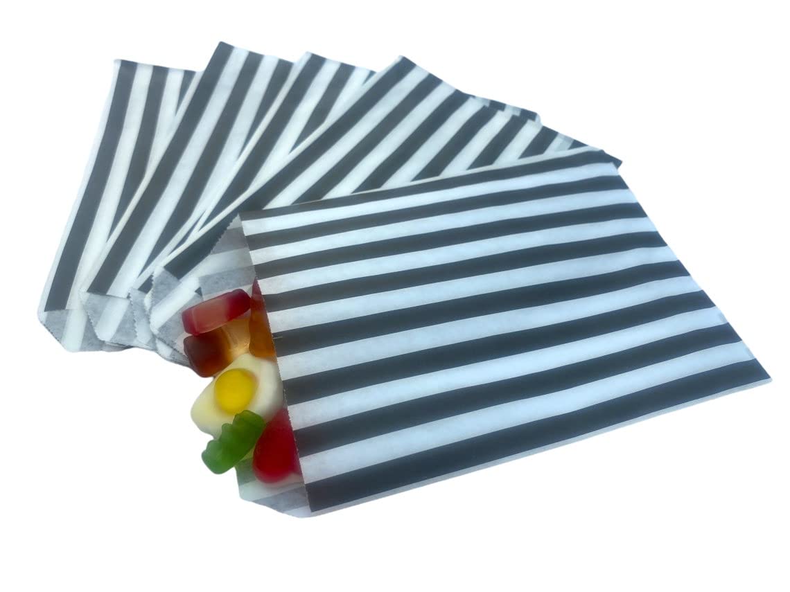 Candy Stripe Black Sweet Bags - 5 inches x 7 inches/ 125mm x 175mm - Pack of 50