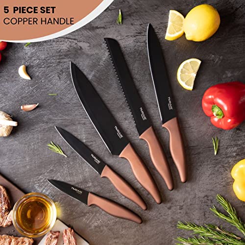 nuovva Sharp Kitchen Knife Set – 5pcs Copper Kitchen Knives – Professional Stainless Steel Filleting Knives - Black Non Stick Blades