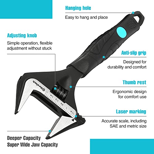 DURATECH 8-Inch Adjustable Wrench, Wide Jaw Large Opening Black Oxide Finish Plumbing Basin Wrench Hand Repair Tool, CR-V Steel, SAE and Metric Scale Marked, Ergonomic Grip