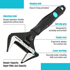 DURATECH 8-Inch Adjustable Wrench, Wide Jaw Large Opening Black Oxide Finish Plumbing Basin Wrench Hand Repair Tool, CR-V Steel, SAE and Metric Scale Marked, Ergonomic Grip