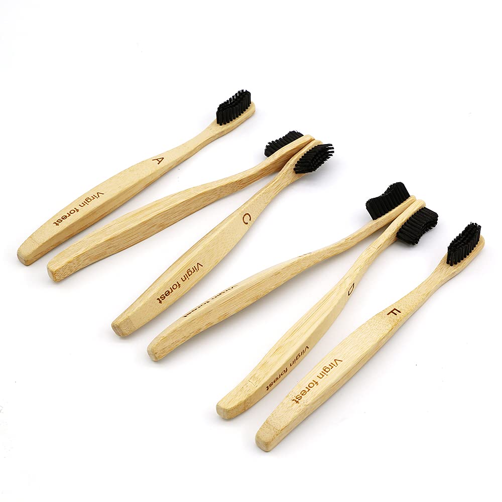 Bamboo Toothbrushes, Eco Toothbrush, Biodegradable Toothbrush, Wooden Toothbrush, Wavy Bristles and Large Handle, Plastic Free Packaging(6 Pack)