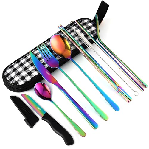 hecef 10 PCS Rainbow Cutlery Set with Compact Cloth Bag, Reusable Stainless Steel Utensils, Handy Flatware Set for Work, School, Camping, and Travel