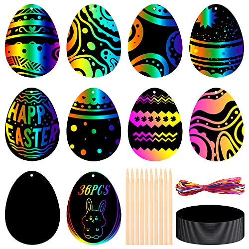 KEYIDO Pack of 36 Easter Crafts for Kids Adults Easter Gifts for Children Easter Egg Scratch Art for Easter Activities with 10pcs Wood Stylus and 36pcs Ribbons Easter Party Bag Fillers