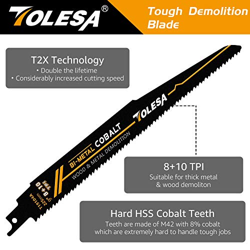 TOLESA Metal Wood Demolition Reciprocating Saw Blades 225mm 8and10TPI Sawzall Blades for Steel Pipe Cutting, Drywall, Chipboard, Glass Fiber-Reinforce Plastic and Composite Materials Demolition 5 Pack