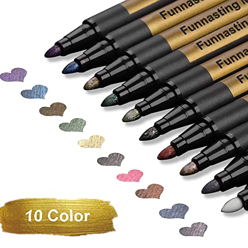 Funnasting Metallic Marker Pens, Set of 10 Assorted Colours Painting Pens Art Pens, Scrapbook Accessories, Card Making, DIY Photo Album, Plastic, Glass, Metal, Stone, Clothes and Pottery