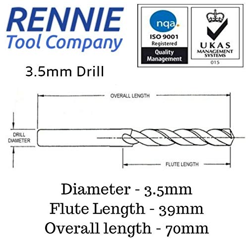 Rennie Tools - Box of 10 x 3.5mm HSS Gold Cobalt Jobber Drill Bit Set For Stainless Steel, Hard Metals, Aluminium, Cast Iron, Copper. Twist Drill Bit Sets Supplied In A Box. 3.5mm Drill Bit Set