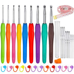 ZGTS Crochet Hooks Set, 9PCS Aluminum Knitting Needles Kit Ergonomic Soft Grip Handle for Arthritic Hands with Measuring Tape Stitch Markers and Sewing Needles (Aluminum,Rubber)