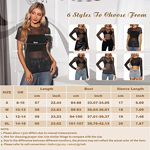 Tuopuda Women Long Sleeves Sheer Mesh Tops Black Stretchy Sheer T Shirts See Through Slim Fit Mesh Crew Neck Blouse(G,L)