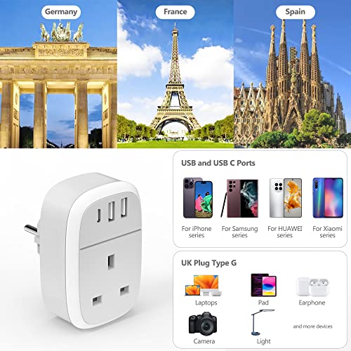 European Plug Adapter, UK to EU Euro Europe Schuko 32W USB C Fast Travel Charger Grounded USBC Adaptor Type C for Germany France Spain Turkey Greece Iceland Poland Russia Portugal Austria(Type E/F)