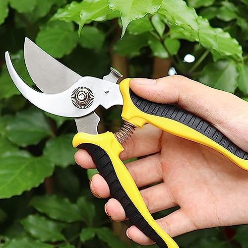 Moppro Garden Shears, Secateurs & Pruning Scissors of Garden Tools, Mitre Shears, Florist Scissors, Snips, Trimmer, Clippers with Locking Handle, Gardening Gifts for Men (Yellow)