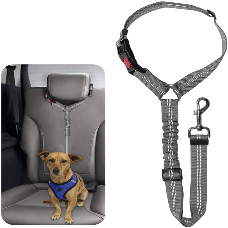 Dog Seat Belts For Cars   Dog Car Harness Adjustable Headrest Dog Car Seat Belt Restraint Puppy Elastic Pet Dog SeatBelt harness Strong Leads Harness for Dogs Cats (GREY)