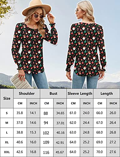 Rapbin Blouses for Women Long Sleeve Tops Pleated Tunic Shirt Spring Autumn Loose Tshirts Casual Ladies O Neck Shirts Santa Black XL