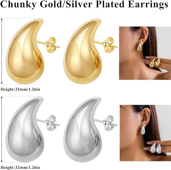 2 Pairs Chunky Gold Hoop Earrings for Women, Lightweight Waterdrop Teardrop Hollow Open Hoops, Hypoallergenic Gold Plated Earrings Fashion Jewelry for Women Girls 18/25/32mm