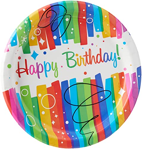 Rainbow Ribbons Birthday Round Paper Dinner Plates (22cm) Pack of 8 - Perfect for Celebrations and Parties