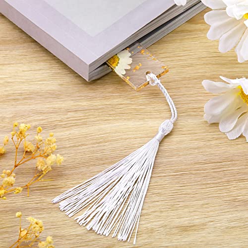 PROUSKY Pressed Flower Bookmark, Dried Flower Resin Bookmarks, Pressed Floral Reading Page Markers with Tassel Daisy Book Markers for Readers Teachers Students Birthday Gift, White, (A3Y381A)