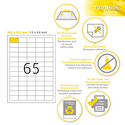 TopStick 8697 Multi-Purpose Labels, 65 Labels Per A4 Sheet, 38.1 x 21.2 mm, 6500 Labels, Self Adhesive, Small Stickers for Laser and Inkjet Printers, White