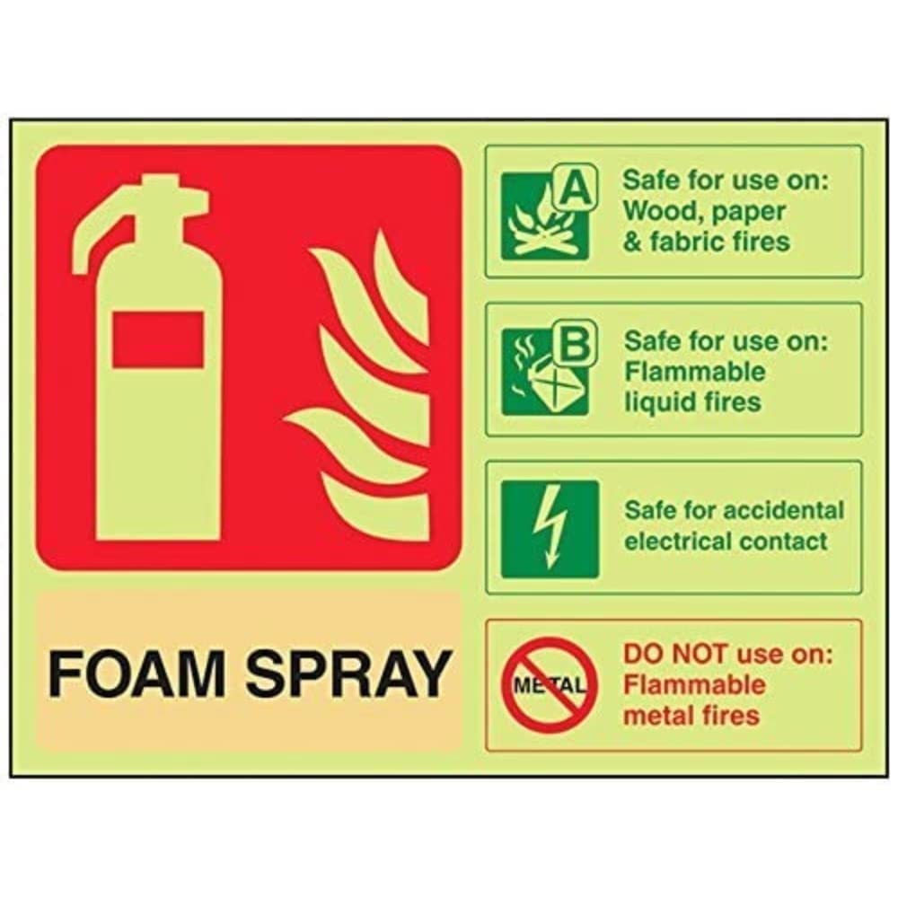 V Safety 11024AR-G Glow In The Dark Foam Spray Id Electrical Safe Fire Extinguisher Sign - 200mm x 150mm - Rigid Plastic, Beige/Black/Green/Red