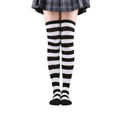 Andiker 1 Pair Over Knee High Socks for Women, Soft Long Stripe Knee Thigh Boot Warm Stockings Cotton Knee Highs Socks for Cosplay Daily Wear (black-white stripe)