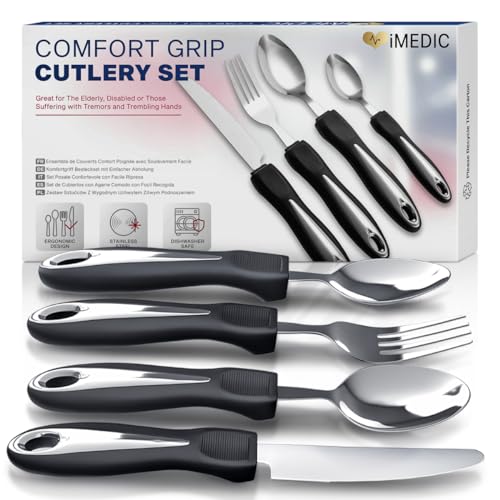 iMedic Comfort Grips Cutlery - Cutlery for Disabled Hands - Dishwasher Safe Disabled Cutlery for Adults - Disability Cutlery for Adults Suffering from Trembling Hands - 1 Set Silver/Black