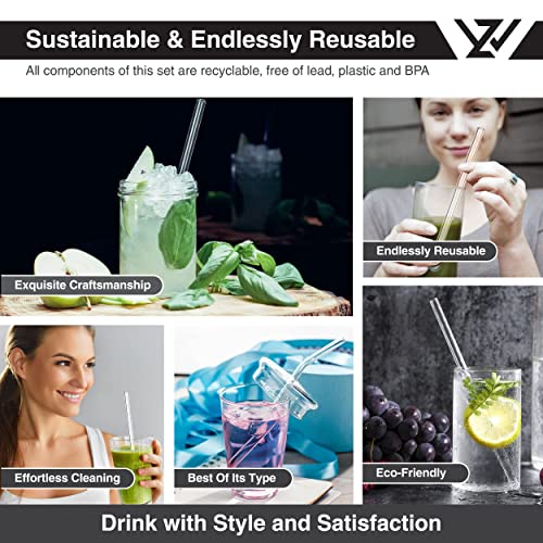 WZ Glass Straws- Clear Reusable Glass Straw- Durable Glass Straws Drinking for Smoothie Cocktail Milkshake Cold Drinks (Pack of 2 Straight 2 Bent Drinking Straws and 1 Straw Cleaner)