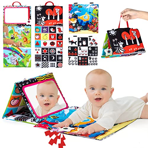 Auney Tummy Time Mirror Toys for Babies, High Contrast Baby Sensory Toys with Crinkle Cloth Book & Teether for Foldable, Newborn Baby Mirror Toy, Montessori Baby Toys 0-6 to 12 Months