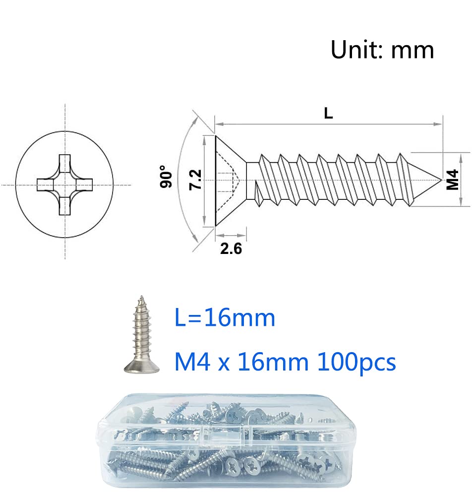 M4 Stainless Steel Self Tapping Screws,100pcs M4x16mm Phillips Flat Head Wood Srews DIY Woodworking Screws with Box (M4 X 16mm 100 PCS)