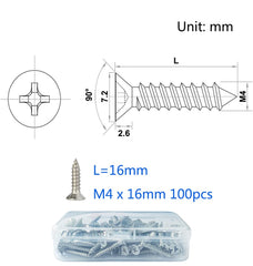 M4 Stainless Steel Self Tapping Screws,100pcs M4x16mm Phillips Flat Head Wood Srews DIY Woodworking Screws with Box (M4 X 16mm 100 PCS)