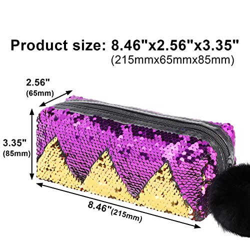 PHOGARY Sequin Preppy Pencil Case for Girls, Secondary School Pencil Bags with Fluffy Zipper, Pencil Pouch Holographic Pen Case Organizer for Students, Women Glitter Makeup Pouch (Purple, Gold)