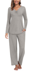 Findsweet Womens Fall Pajama Sets 2 Piece Lounge Sleepwear Long Sleeve Soft Pjs Top Comfy Pjs Pants with Pockets 2XL, Grey