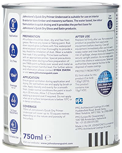 Johnstone's - Quick Dry Gloss Primer Undercoat - Brilliant White - Water Based - Interior Wood & Metal - Fast Drying - Low Odour - Dry in 1-2 Hours - 13m2 Coverage per Litre - 0.75 L