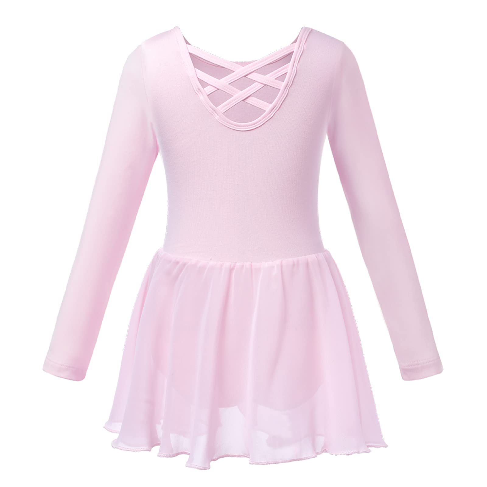 Ballet Leotard for Girls Long Sleeve Cross Straps Ballet Dress Kids Cotton Ballet Outfit Gymnastics Leotard with Chiffon Skirt Suit for 2-11 Years (Pink (Long Sleeve), 140 (130-140cm,7-9 Years))