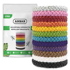 Anbar Leather Mosquito Repellent Bracelets for Adults and Kids, 12 Pack, Deet Free, All-Natural Anti-Mosquito, Tick, and Insect Essential Oils, 300-Hour Waterproof Outdoor Protection (Solid)