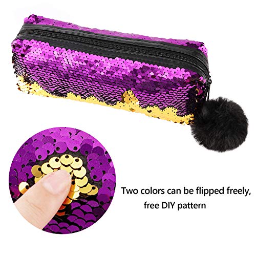 PHOGARY Sequin Preppy Pencil Case for Girls, Secondary School Pencil Bags with Fluffy Zipper, Pencil Pouch Holographic Pen Case Organizer for Students, Women Glitter Makeup Pouch (Purple, Gold)