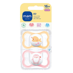 MAM Air Soothers 16and Months (Pack of 2), Baby Soothers with Sterilisable Travel Case, Baby Essentials, Peach/Cream (Designs May Vary)