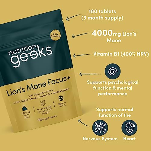 Lions Mane Supplement 4000mg with Vitamin B1 & Black Pepper, 180 Vegan Tablets - Lion's Mane Mushroom 15:1 Extract (Not Lions Mane Powder or Capsules), UK Made for Mental Performance & Nervous System