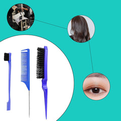 3 Pieces Hair Styling Comb Set, Double Sided Edges Brush, Teasing Hair Brush Rat Tail Comb, Plastic Bristle Hair Brush, Edge Control Brush, for Home, Hairdressers(Blue)