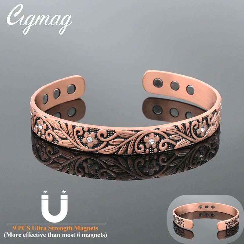 Cigmag 9X Lymphatic Drainage Copper Magnetic Bracelet for Women 99% Solid Pure Copper Ultra Strength Magnet Adjustable Brazaletes Cuff Bangle with Gift Box (Copper Crystal Plum Pattern)