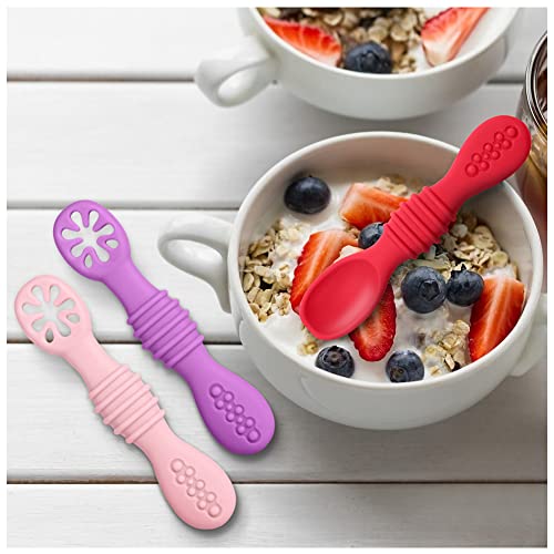 Vicloon 4Pcs Baby Fork and Spoon Set, Silicone Spoon Baby Weaning Spoon Set Self Feeding Utensil Easy Grip Soft Baby Spoon, Toddler Cutlery Kit for Infant Toddler Children First Led Training Weaning