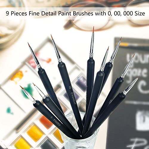 OVISEEN 9 Pieces Fine Detail Paint Brush Miniature Artist Painting Brushes Drawing Brushes for Art Acrylic Watercolor Oil Gouache, Black, 7.28 inches/18.5 cm