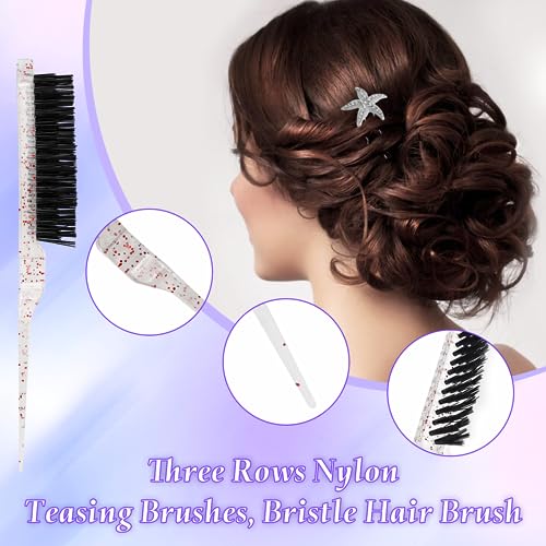 Hair Brush Comb Set, Slick Back Hair Brush Edges Brush Set, Dazzling Colourful Crystal Bristle Hair Brush Teasing Brush Rat Tail Hair Comb, Back Combing Brushes for Hairdresser Women