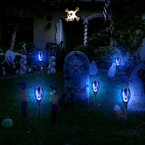 Geemoo 6 Pack Solar Flickering Dancing Blue Flame Lights Waterproof Solar Torch Lights for Outdoor Garden Patio Pathway Yard Tomb Halloween Decorations