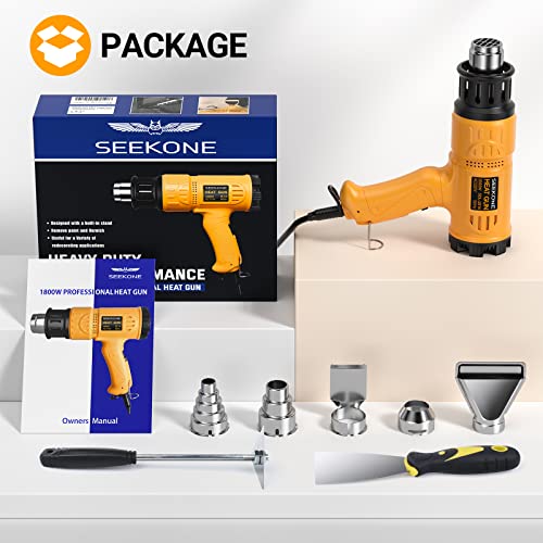 SEEKONE 2000W Professional Hot Air Gun 50℃- 600℃ Variable Temperature Control with 2-Temp Settings, Overload Protection, Double Heating Wire Fast Heating, 7 Accessories for Shrinking PVC