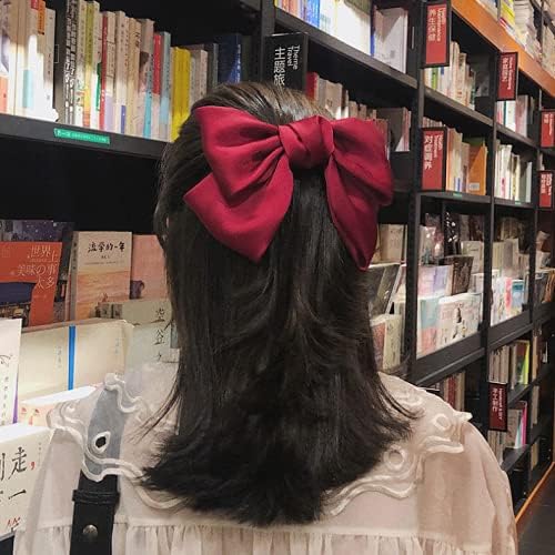 2PCS Silky Satin Hair Bows Hair Clip Black Hair Ribbon Ponytail Holder Accessories Slides Metal Clips Hair Bow for Women Girls Toddlers Teens Kids (Bow Clip-Pink/Red)