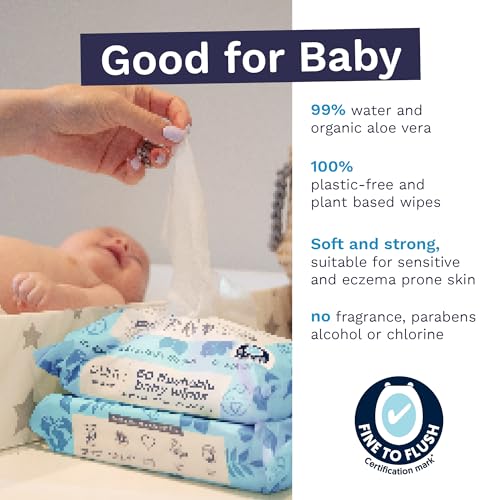 Pura Flushable Baby Water Wipes 3 x 60 per pack, (180 Wet Wipes) 100% Plastic Free, 99% Water, Suitable for Sensitive & Eczema Prone Skin, Biodegradable, Compostable, Vegan, Potty Training