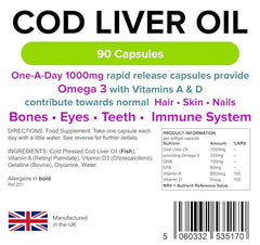 Lindens Cod Liver Oil 1000mg Capsules - 90 Pack - High in Omega 3, Vitamins A & D Contributes Towards Normal Skin, Hair, Nails, Bones, Eyes, Teeth, Brain & Immune System - UK Manufacturer, Letterbox Friendly