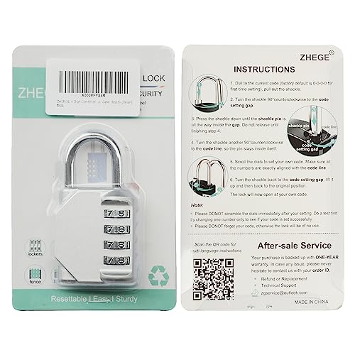 ZHEGE 4 Digit Combination Padlock, Weatherproof Number Padlock Outdoor for Garden Fence Gate, Shed Door, Coded Security Padlock for Gym Lockers, School Lockers (Silver)