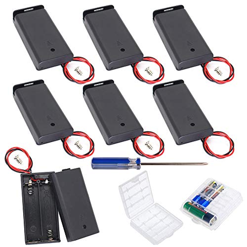 GTIWUNG 7Pcs 2 AA Battery Holder with Switch and Cover, Battery Holder Case Box with Wires,Black Plastic Batteries Case with Pin, 2X1.5V 3V AA Battery Holder with Leads,2Pcs Cell Battery Storage Case