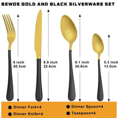 BEWOS 16 Pieces Gold and Black Cutlery Set for 4, Food Grade Stainless Steel Tableware Includes Forks, Steak Knives and Spoons, Dishwasher Safe Silverware Set, Upgraded Mattgold Colorful Design